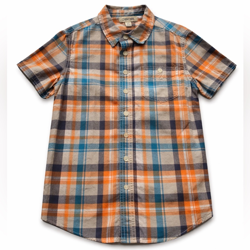 Cherokee Boys Plaid Button Down Shirt Small Orange Blue Short Sleeve Casual